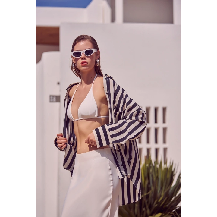 Poplin Çizgili Gömlek Ekru