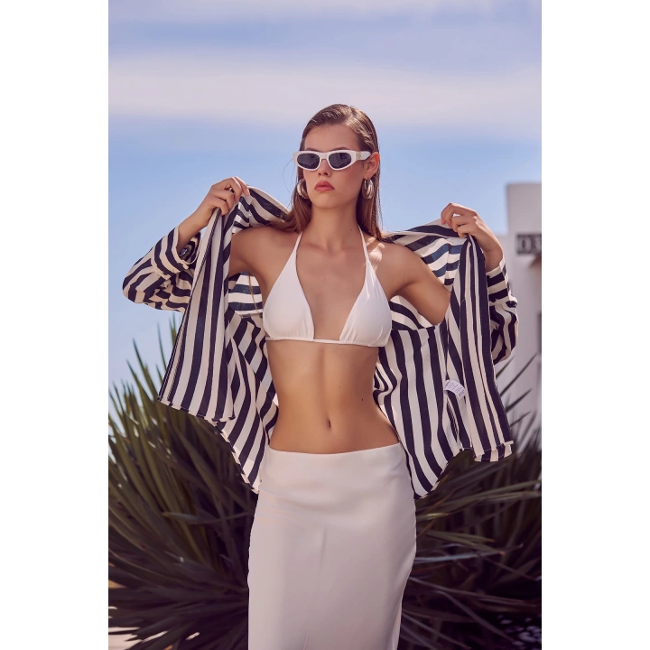 Poplin Çizgili Gömlek Ekru