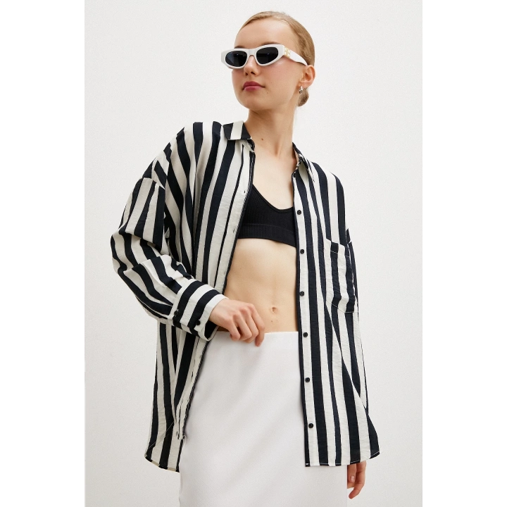 Poplin Çizgili Gömlek Ekru