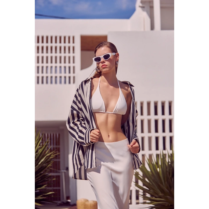 Poplin Çizgili Gömlek Ekru