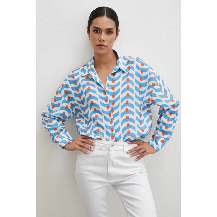 Puanlı Desenli Gömlek Mavi