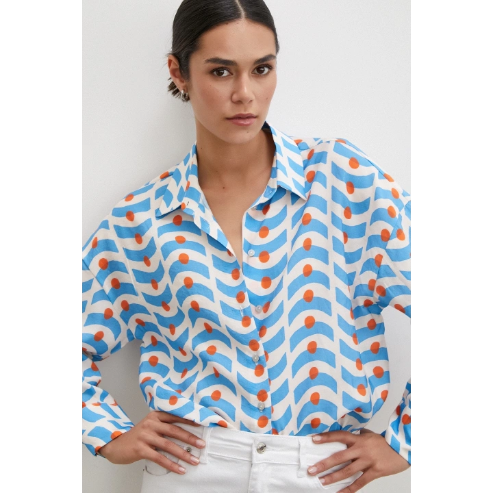 Puanlı Desenli Gömlek Mavi