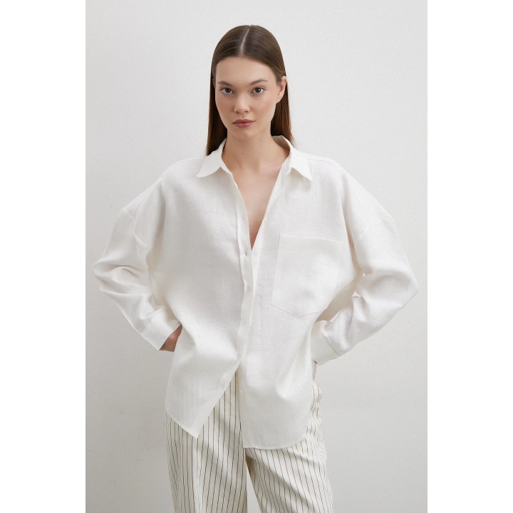 Robalı Cepli Keten Gömlek Ekru