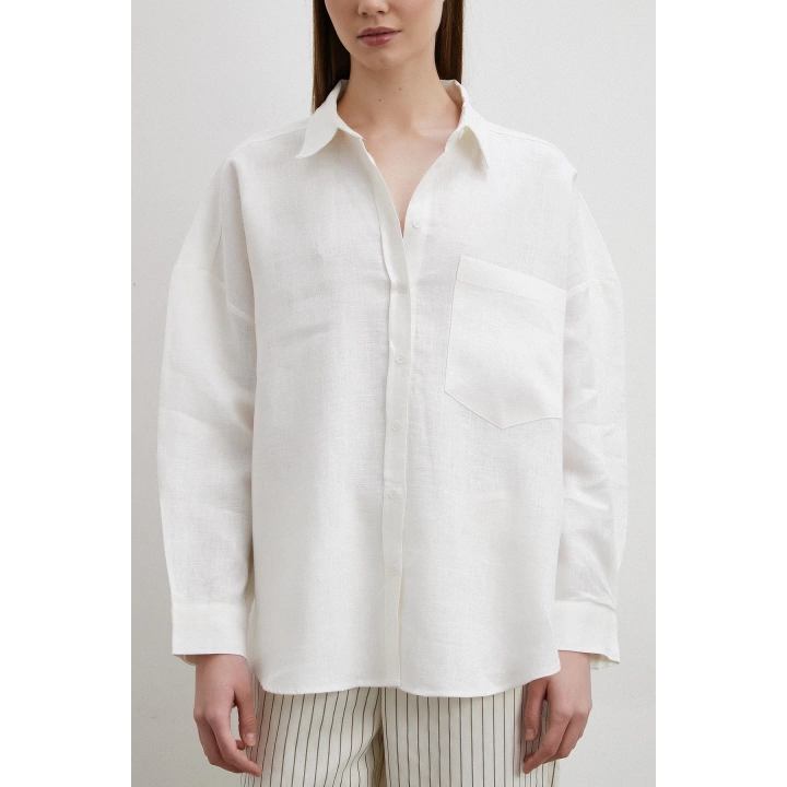 Robalı Cepli Keten Gömlek Ekru