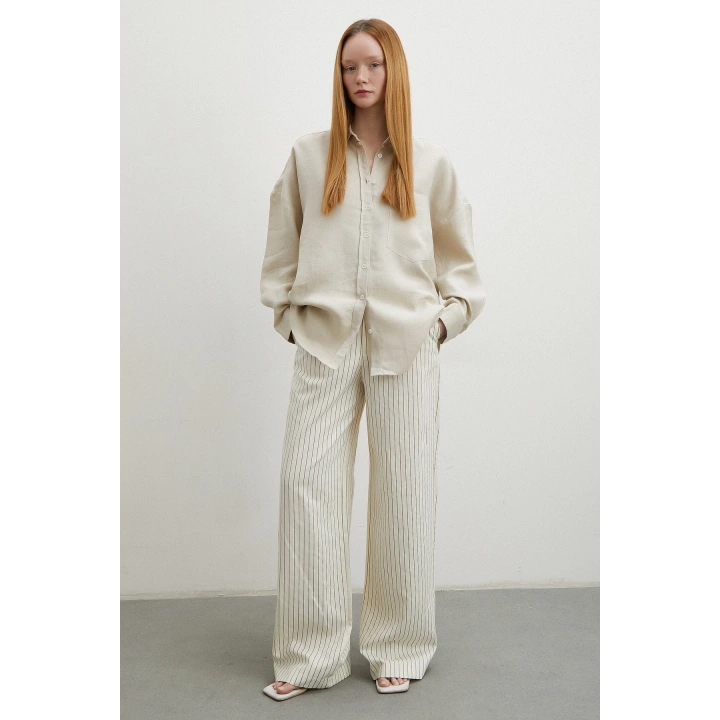 Robalı Cepli Keten Gömlek Taş