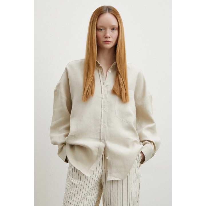 Robalı Cepli Keten Gömlek Taş