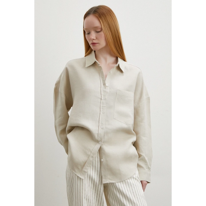 Robalı Cepli Keten Gömlek Taş