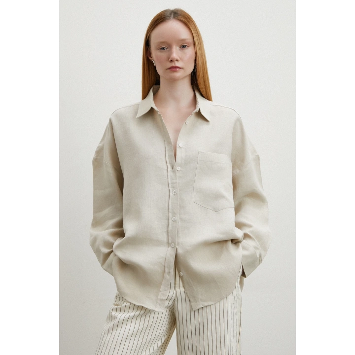 Robalı Cepli Keten Gömlek Taş