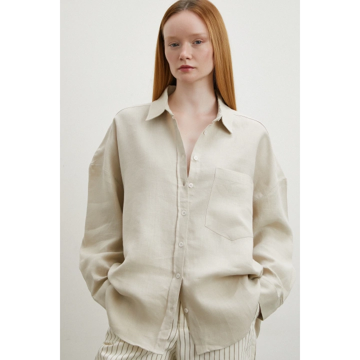 Robalı Cepli Keten Gömlek Taş