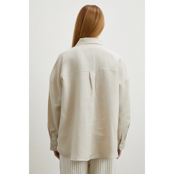 Robalı Cepli Keten Gömlek Taş