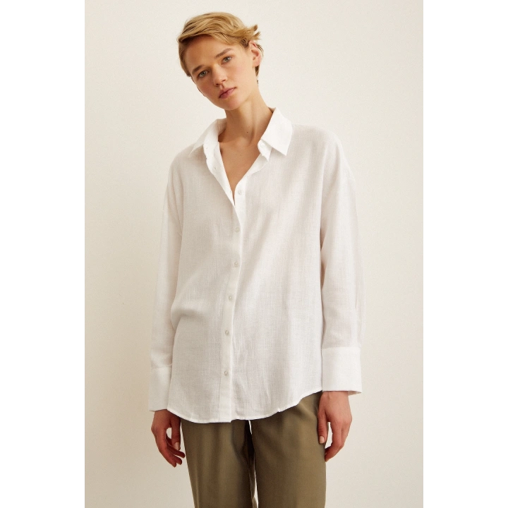 Robalı Oversize Gömlek Beyaz