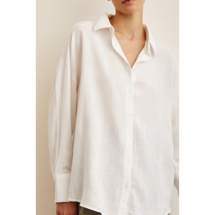 Robalı Oversize Gömlek Beyaz