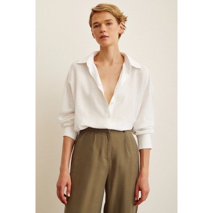 Robalı Oversize Gömlek Beyaz