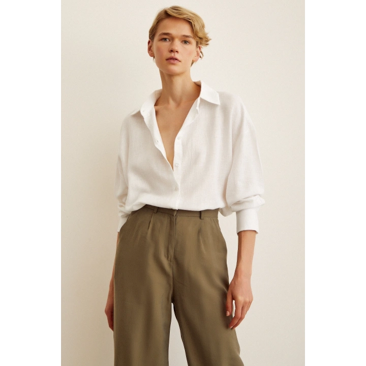 Robalı Oversize Gömlek Beyaz