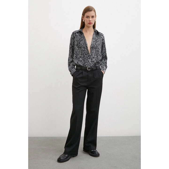 Şal Desenli Saten Gömlek Siyah