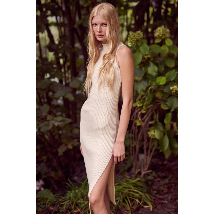 Sıfır Kol Yırtmaçlı Triko Elbise Ekru