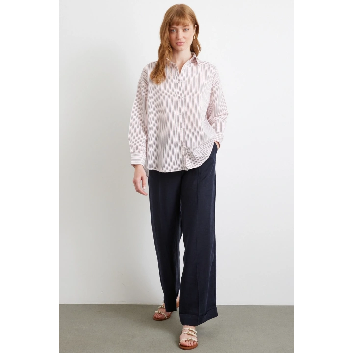 Simetrik Çizgili Gömlek Bordo