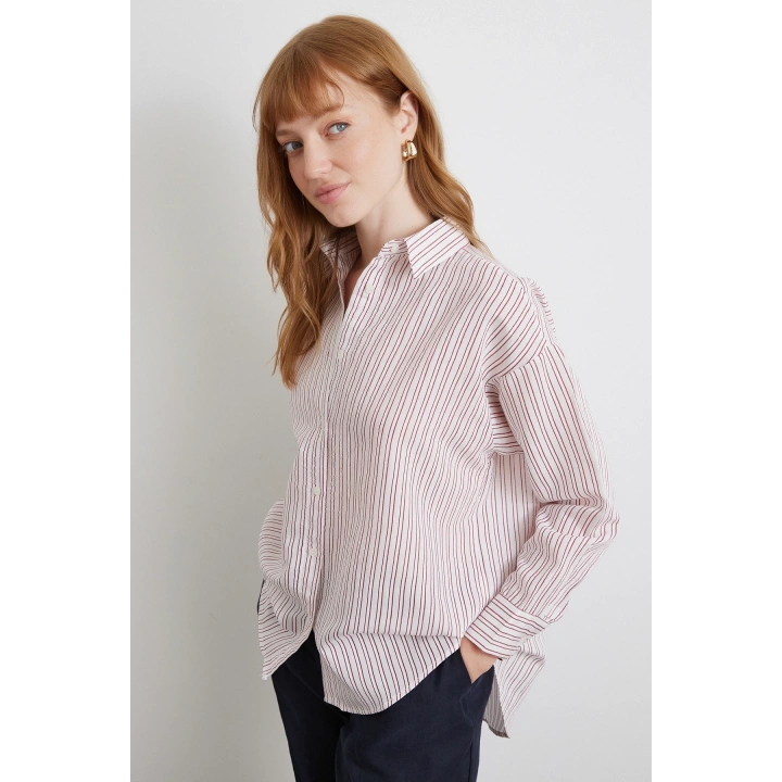 Simetrik Çizgili Gömlek Bordo