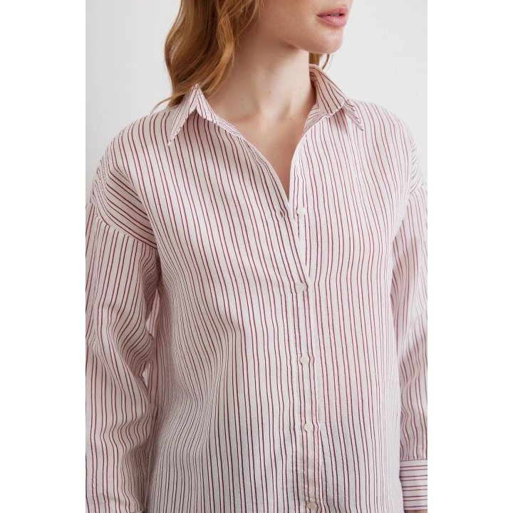 Simetrik Çizgili Gömlek Bordo