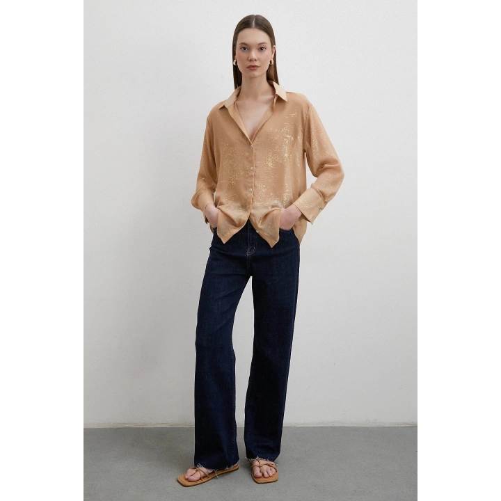 Simli V Yaka Gömlek Gold