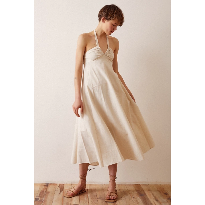 Sırt Dekolteli Askılı Elbise Krem