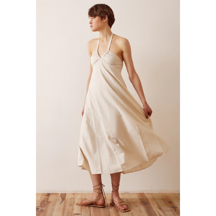 Sırt Dekolteli Askılı Elbise Krem