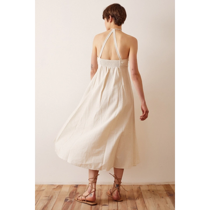 Sırt Dekolteli Askılı Elbise Krem