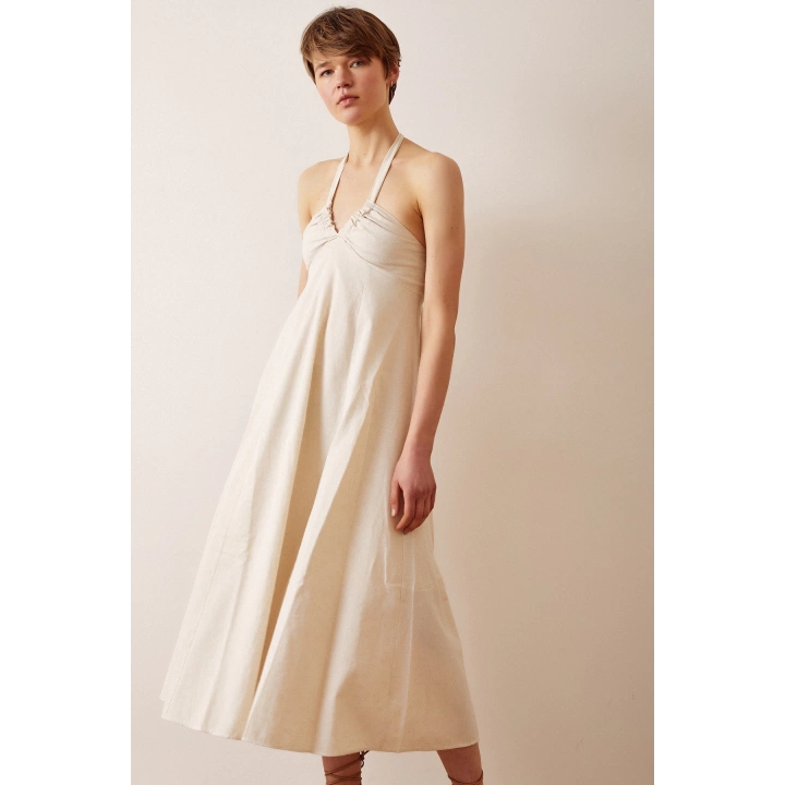 Sırt Dekolteli Askılı Elbise Krem