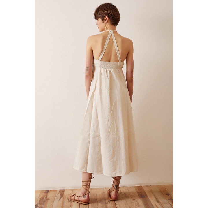 Sırt Dekolteli Askılı Elbise Krem