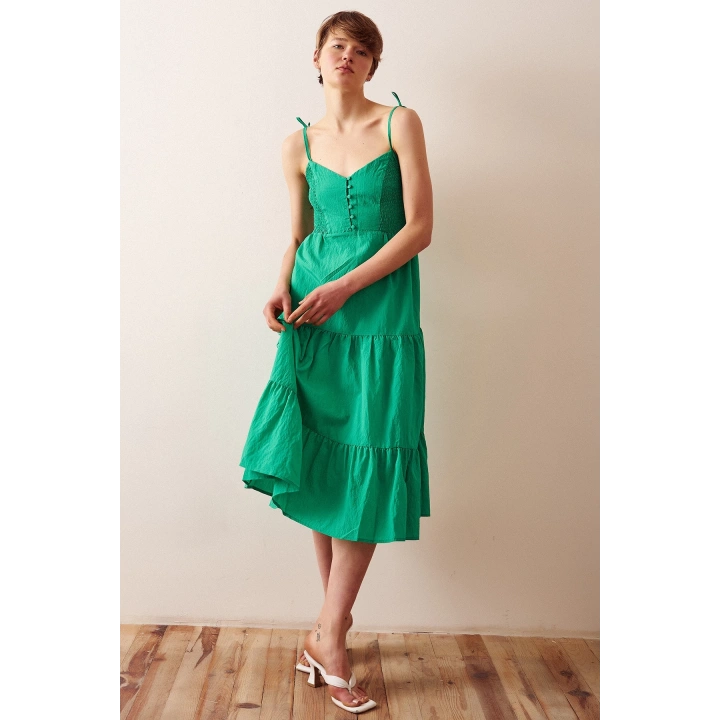 Sırtı Büzgülü Askılı Elbise Yeşil