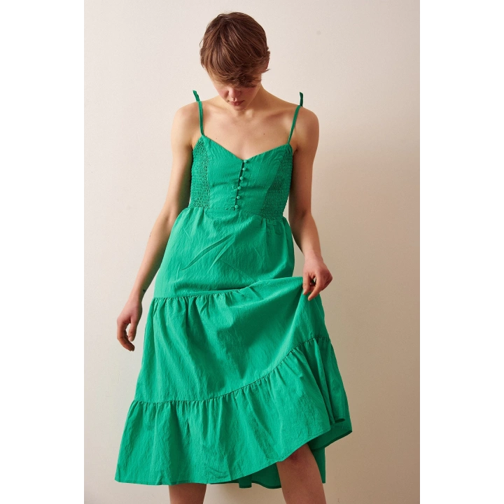 Sırtı Büzgülü Askılı Elbise Yeşil