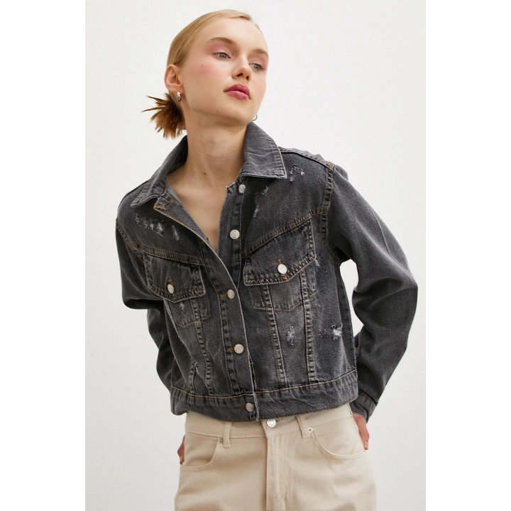 Sırtı Nakışlı Kot Ceket Antirasit