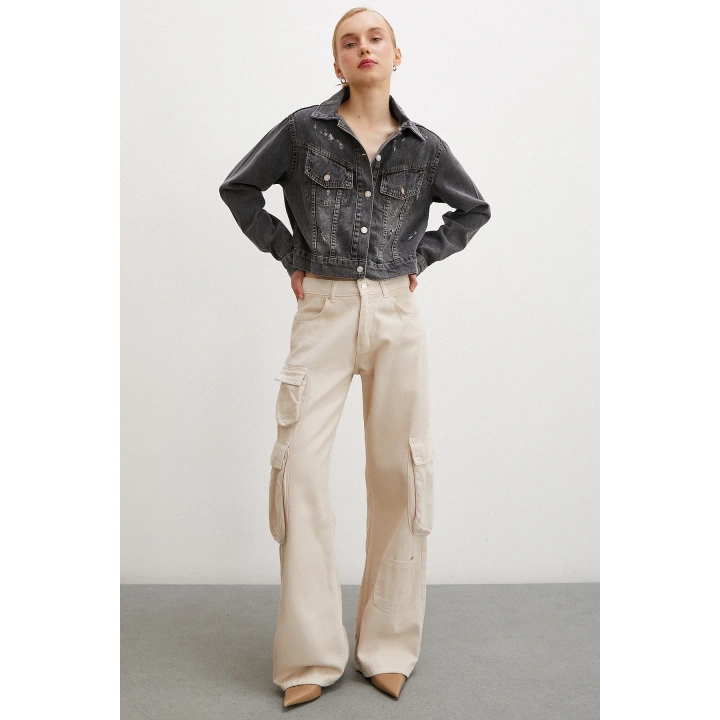 Sırtı Nakışlı Kot Ceket Antirasit