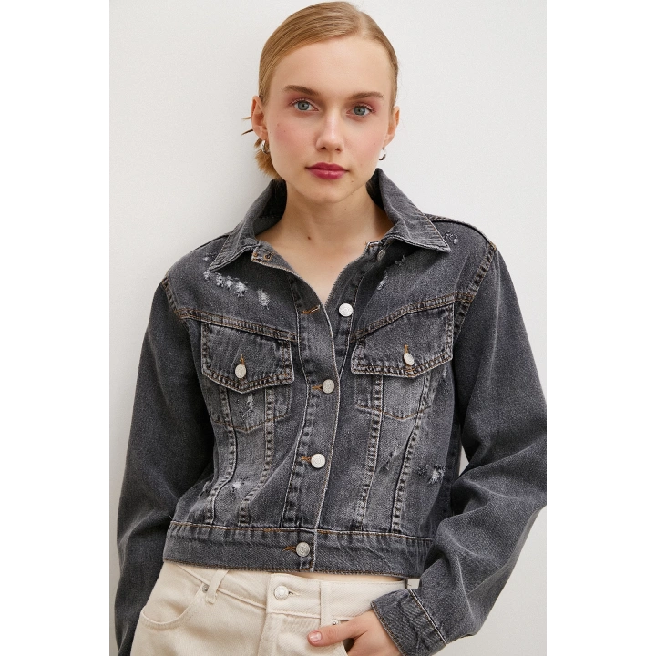 Sırtı Nakışlı Kot Ceket Antirasit