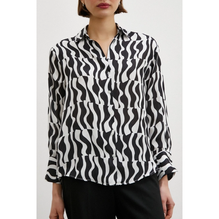 Siyah Baskılı Saten Gömlek Siyah