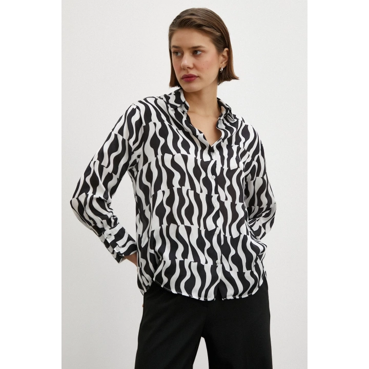 Siyah Baskılı Saten Gömlek Siyah