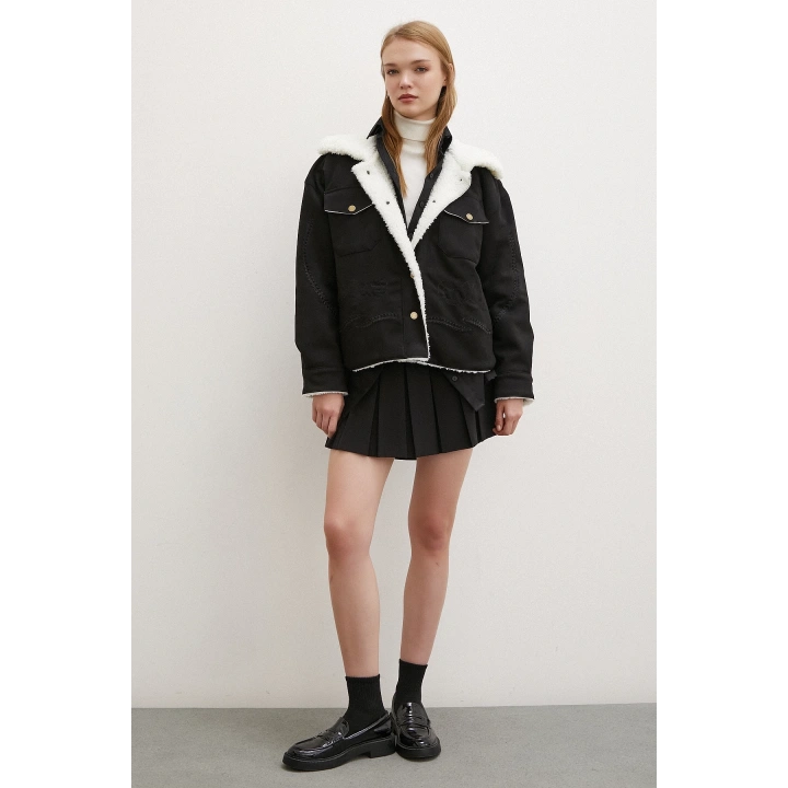 Süet İçi Peluşlu Mont Siyah