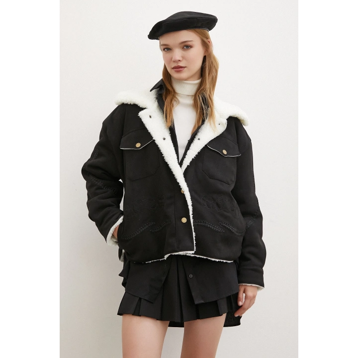 Süet İçi Peluşlu Mont Siyah