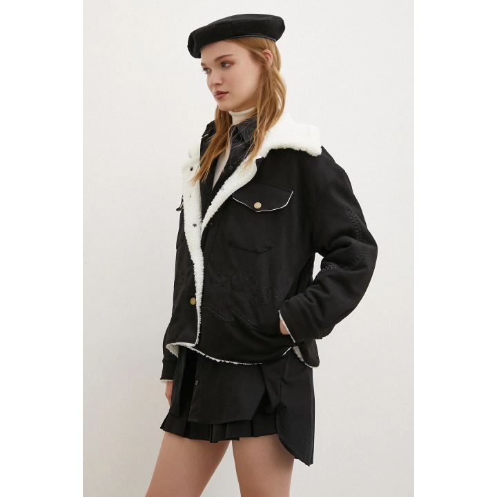 Süet İçi Peluşlu Mont Siyah