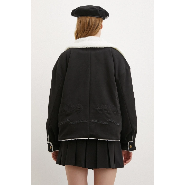 Süet İçi Peluşlu Mont Siyah