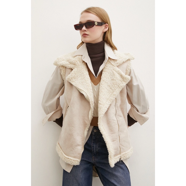 Süet Yünlü Deri Yelek Bej