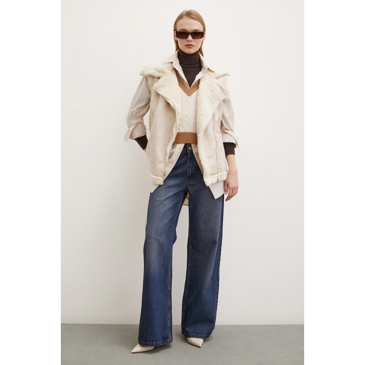 Süet Yünlü Deri Yelek Bej