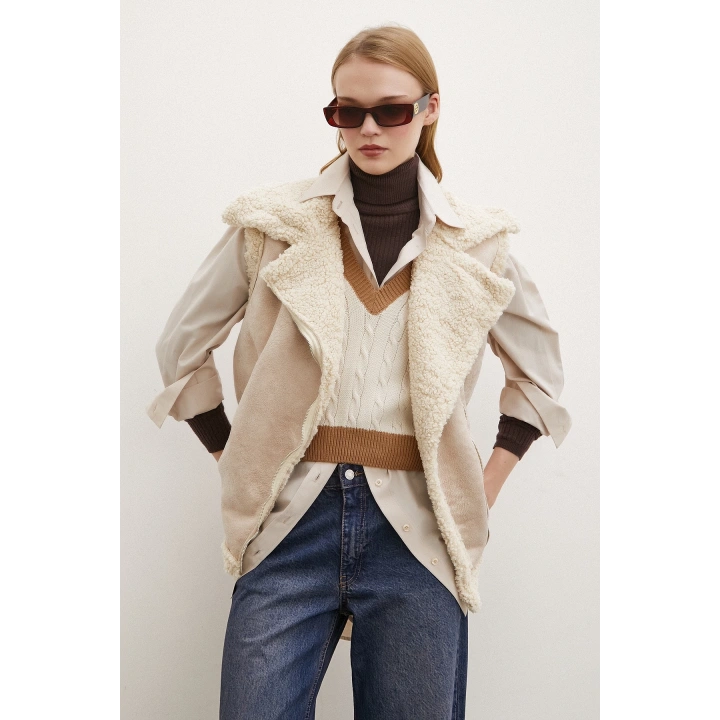 Süet Yünlü Deri Yelek Bej