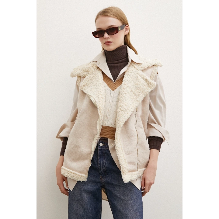 Süet Yünlü Deri Yelek Bej