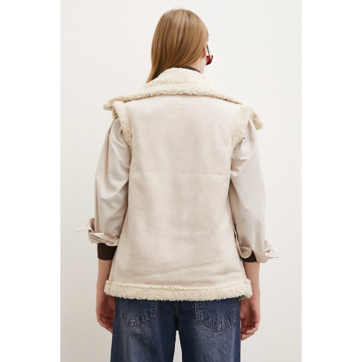 Süet Yünlü Deri Yelek Bej