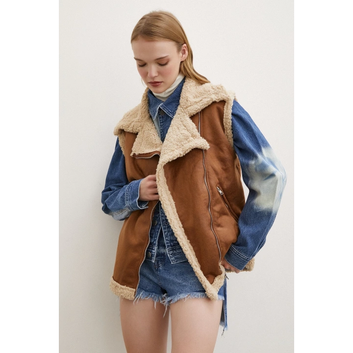 Süet Yünlü Deri Yelek Kahve