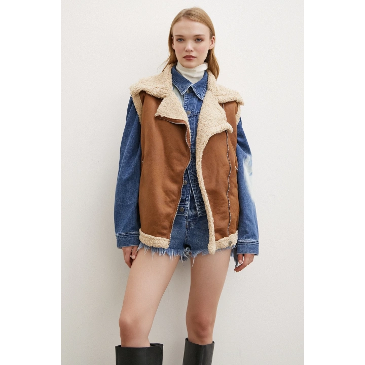 Süet Yünlü Deri Yelek Kahve