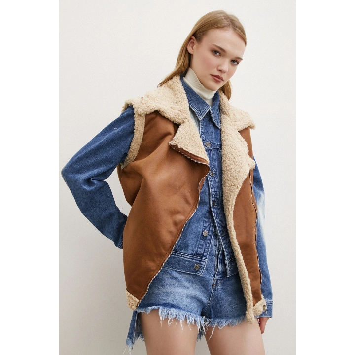 Süet Yünlü Deri Yelek Kahve