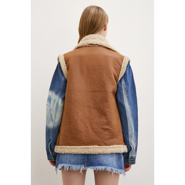 Süet Yünlü Deri Yelek Kahve