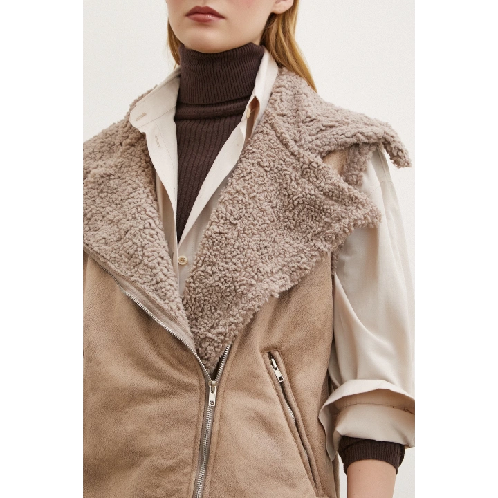 Süet Yünlü Deri Yelek Vizon